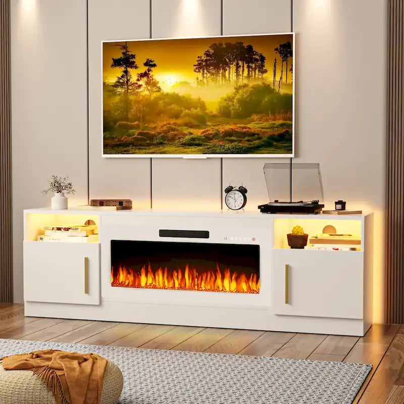 Soporte para TV de 70" con chimenea eléctrica de 36" y luces LED de 16 colores
