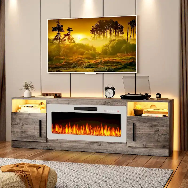 Soporte para TV de 70" con chimenea eléctrica de 36" y luces LED de 16 colores