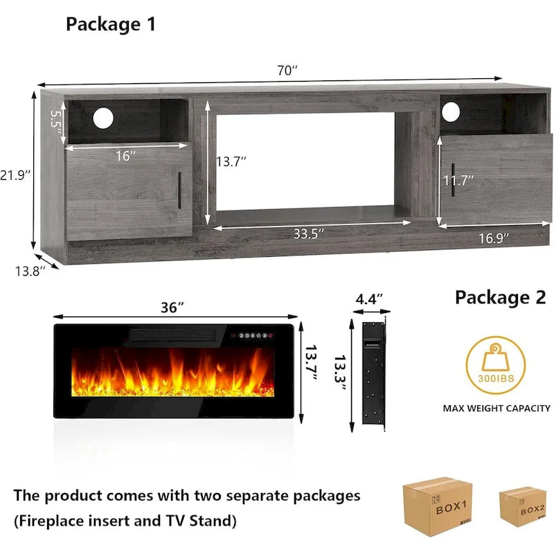 Soporte para TV de 70" con chimenea eléctrica de 36" y luces LED de 16 colores