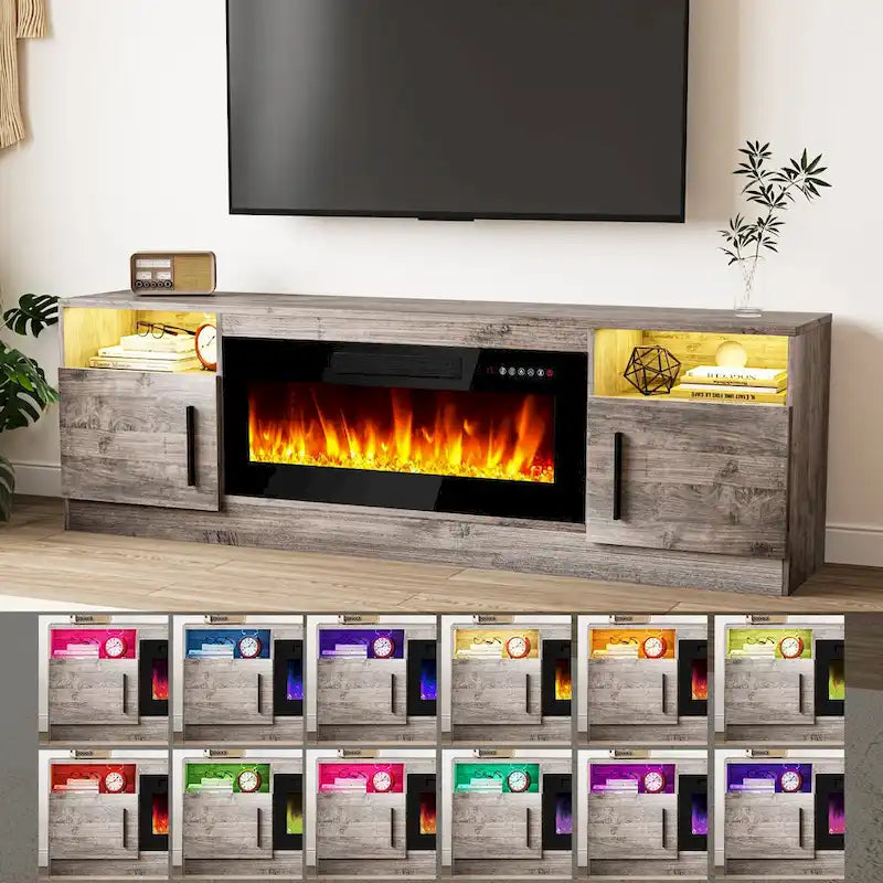 Soporte para TV de 70" con chimenea eléctrica de 36" y luces LED de 16 colores