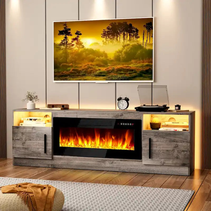 Soporte para TV de 70" con chimenea eléctrica de 36" y luces LED de 16 colores