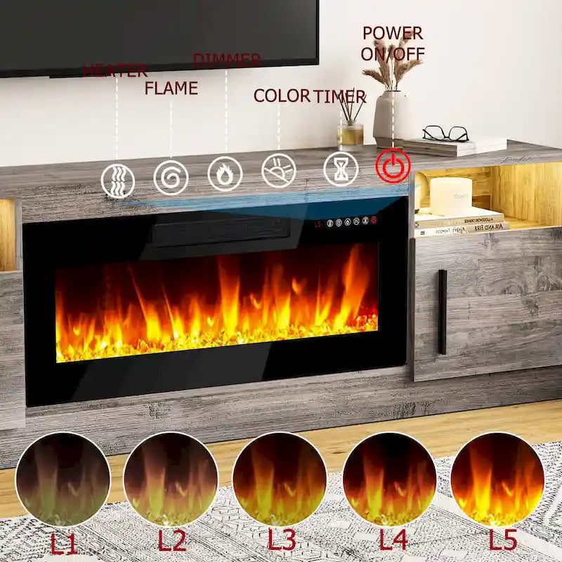 Soporte para TV de 70" con chimenea eléctrica de 36" y luces LED de 16 colores