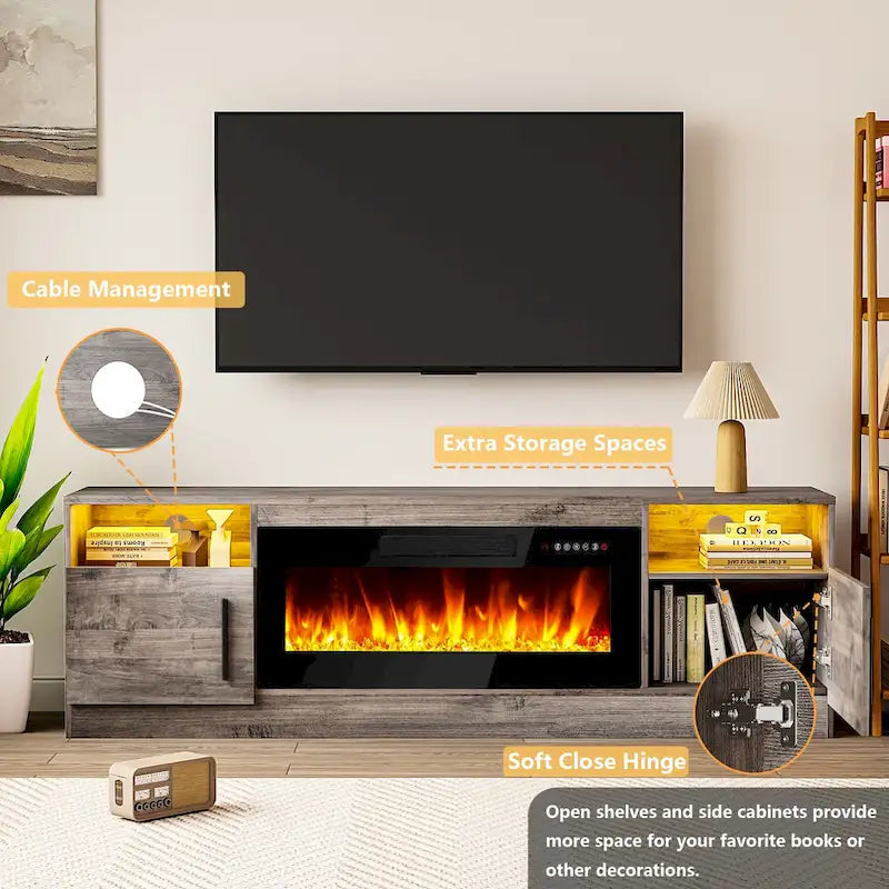 Soporte para TV de 70" con chimenea eléctrica de 36" y luces LED de 16 colores