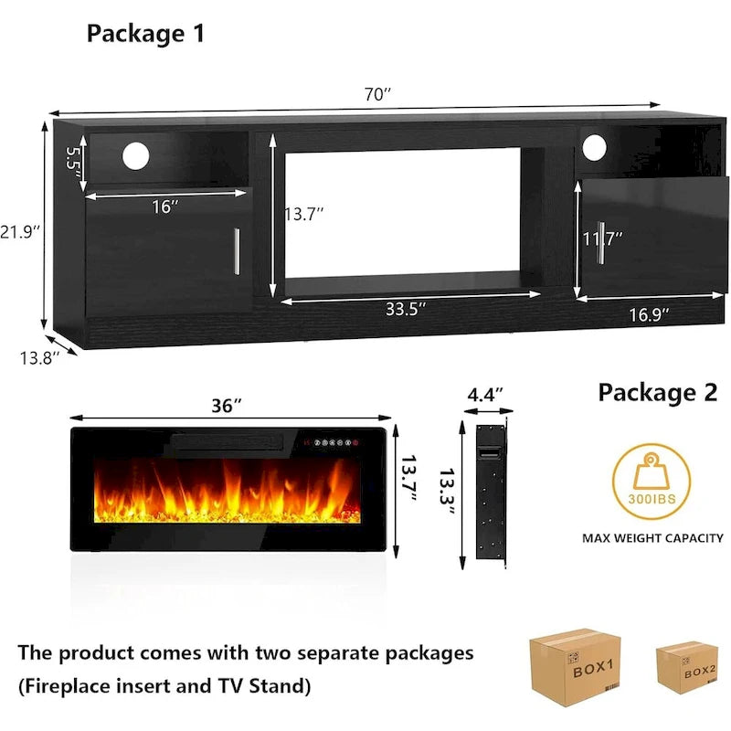 Soporte para TV de 70" con chimenea eléctrica de 36" y luces LED de 16 colores