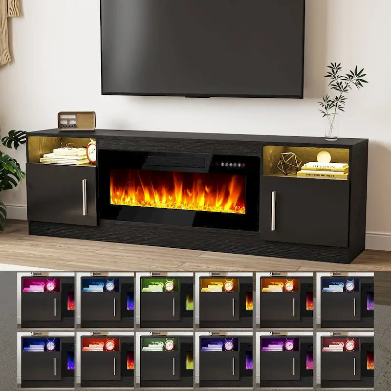 Soporte para TV de 70" con chimenea eléctrica de 36" y luces LED de 16 colores