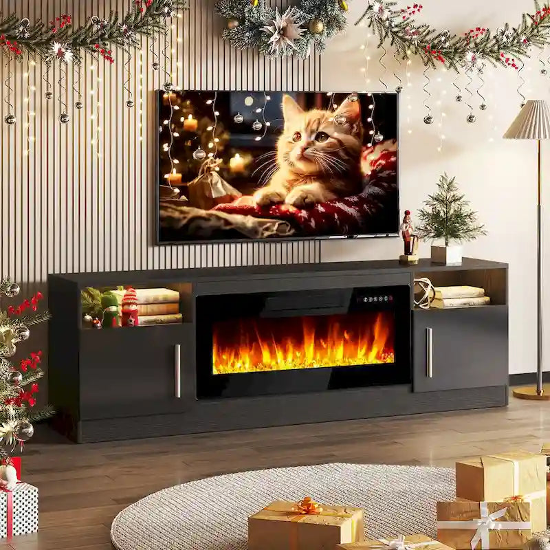 Soporte para TV de 70" con chimenea eléctrica de 36" y luces LED de 16 colores