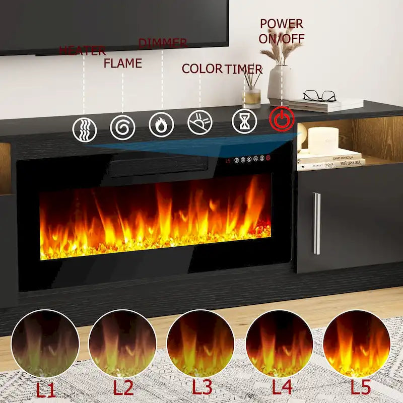 Soporte para TV de 70" con chimenea eléctrica de 36" y luces LED de 16 colores