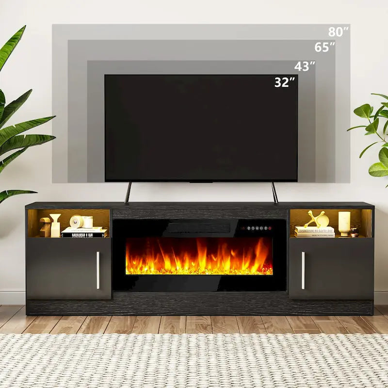 Soporte para TV de 70" con chimenea eléctrica de 36" y luces LED de 16 colores
