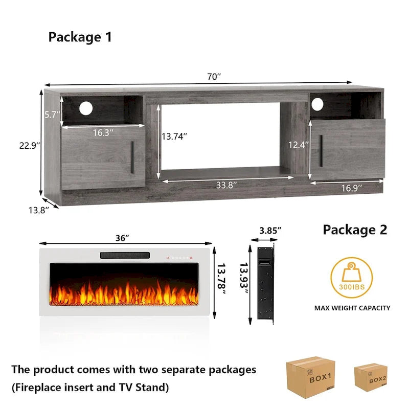 Soporte para TV de 70" con chimenea eléctrica de 36" y luces LED de 16 colores