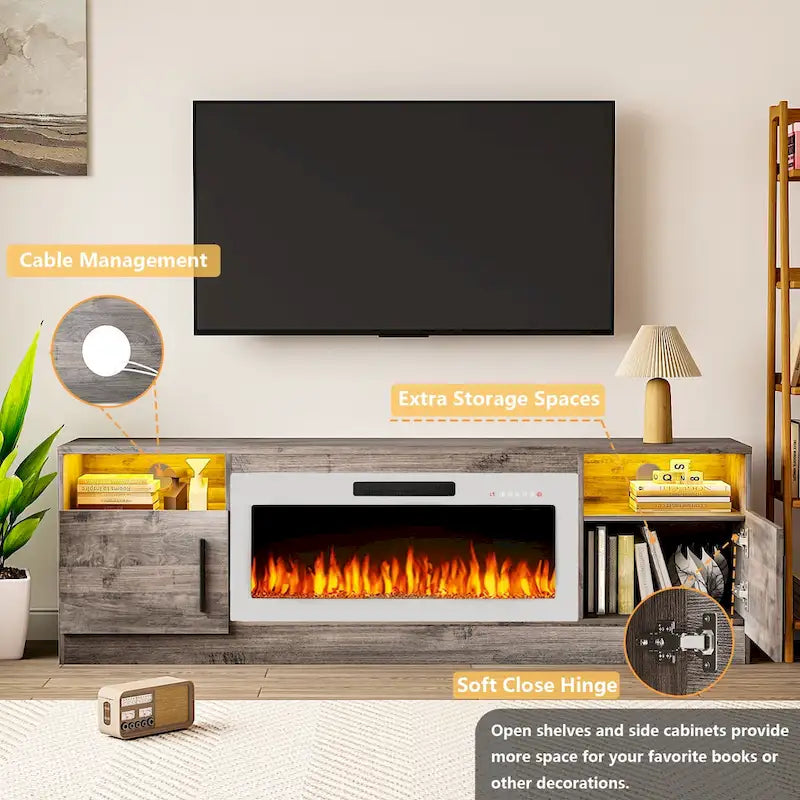 Soporte para TV de 70" con chimenea eléctrica de 36" y luces LED de 16 colores