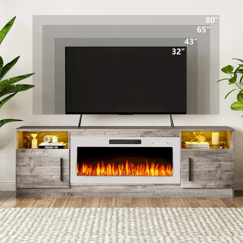 Soporte para TV de 70" con chimenea eléctrica de 36" y luces LED de 16 colores