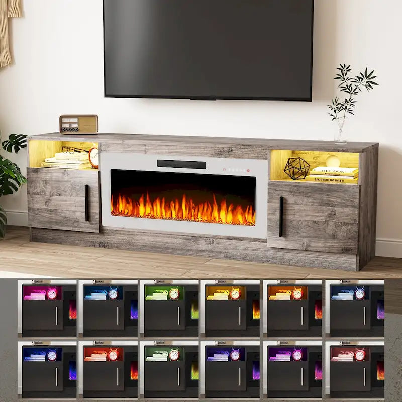 Soporte para TV de 70" con chimenea eléctrica de 36" y luces LED de 16 colores