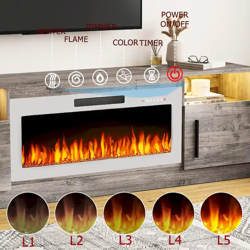 Soporte para TV de 70" con chimenea eléctrica de 36" y luces LED de 16 colores