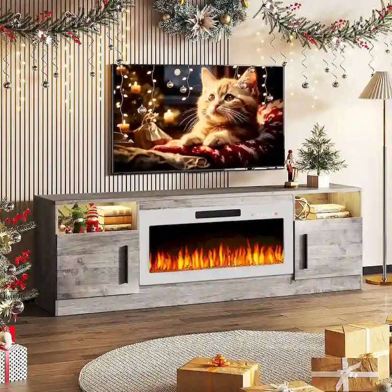 Soporte para TV de 70" con chimenea eléctrica de 36" y luces LED de 16 colores