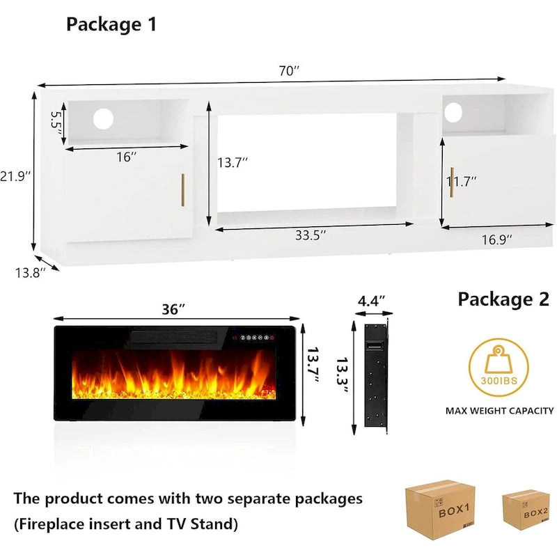 Soporte para TV de 70" con chimenea eléctrica de 36" y luces LED de 16 colores