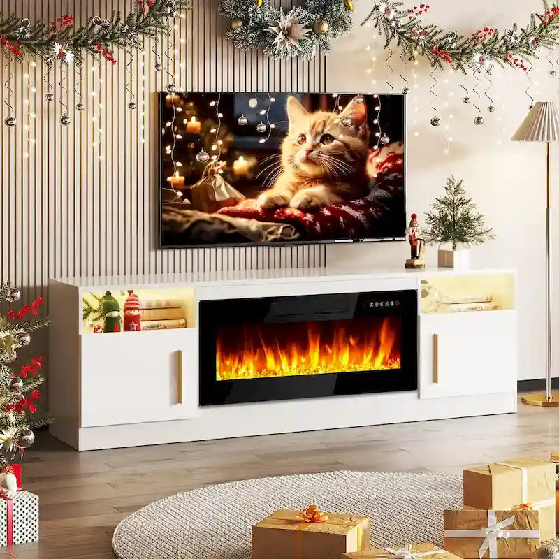 Soporte para TV de 70" con chimenea eléctrica de 36" y luces LED de 16 colores