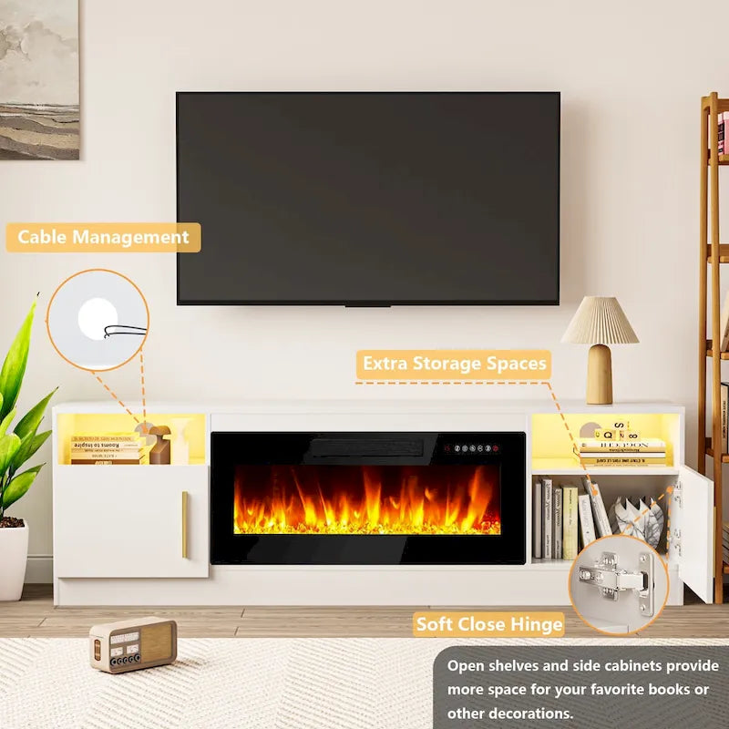 Soporte para TV de 70" con chimenea eléctrica de 36" y luces LED de 16 colores