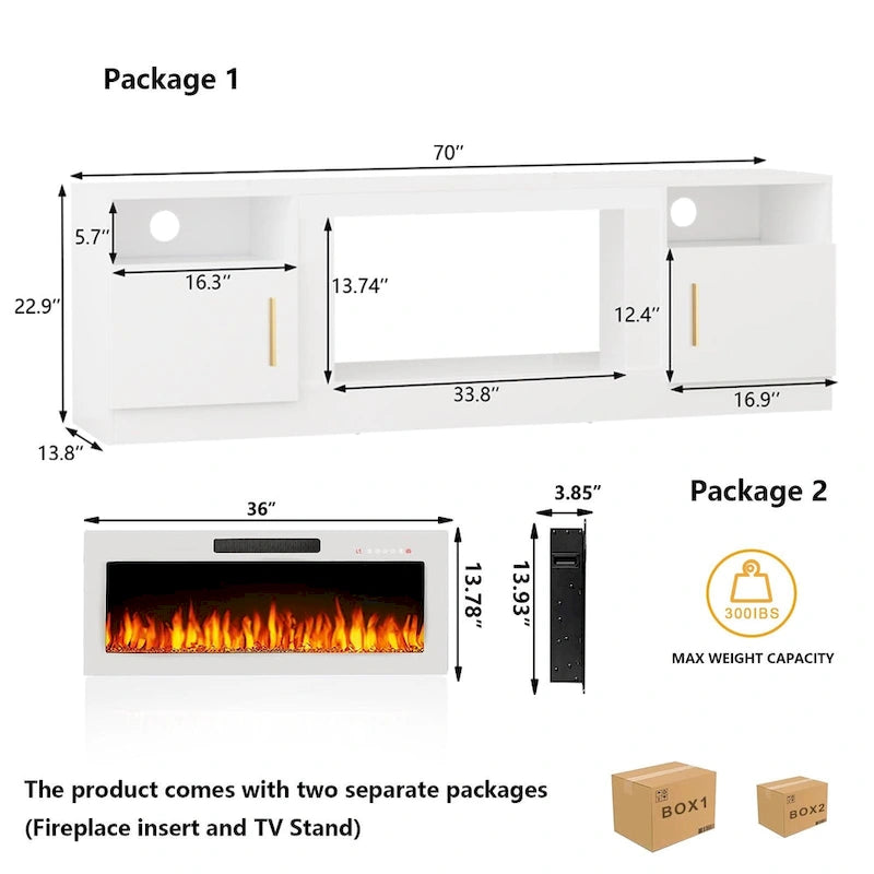 Soporte para TV de 70" con chimenea eléctrica de 36" y luces LED de 16 colores