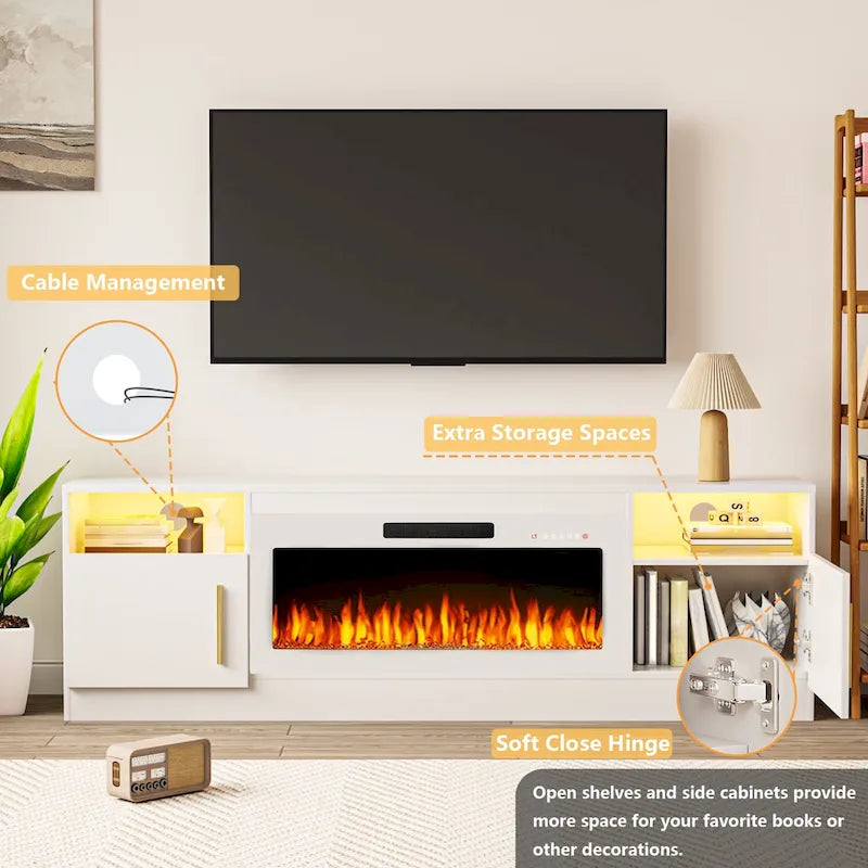 Soporte para TV de 70" con chimenea eléctrica de 36" y luces LED de 16 colores