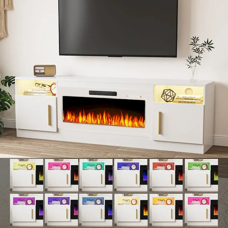 Soporte para TV de 70" con chimenea eléctrica de 36" y luces LED de 16 colores