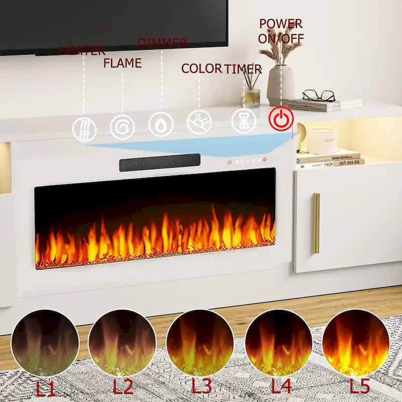 Soporte para TV de 70" con chimenea eléctrica de 36" y luces LED de 16 colores