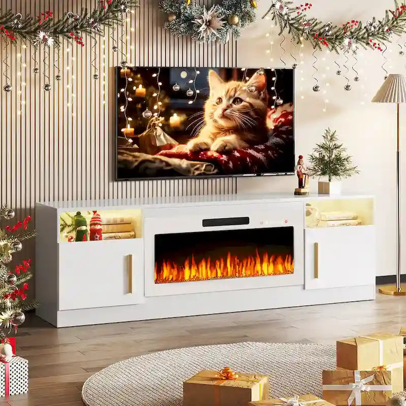 Soporte para TV de 70" con chimenea eléctrica de 36" y luces LED de 16 colores