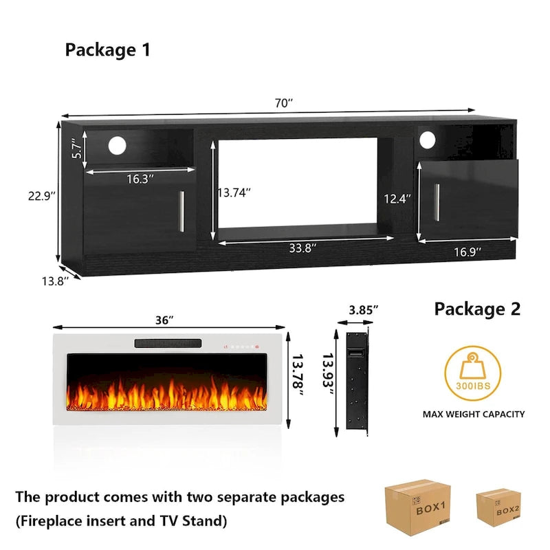 Soporte para TV de 70" con chimenea eléctrica de 36" y luces LED de 16 colores
