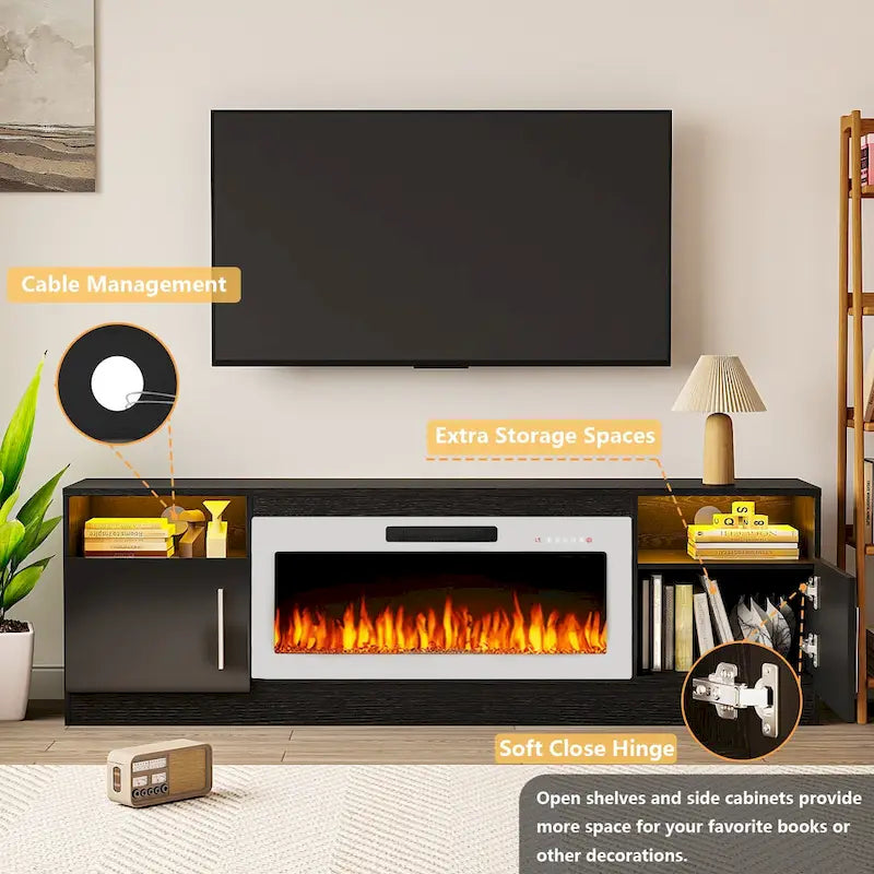 Soporte para TV de 70" con chimenea eléctrica de 36" y luces LED de 16 colores
