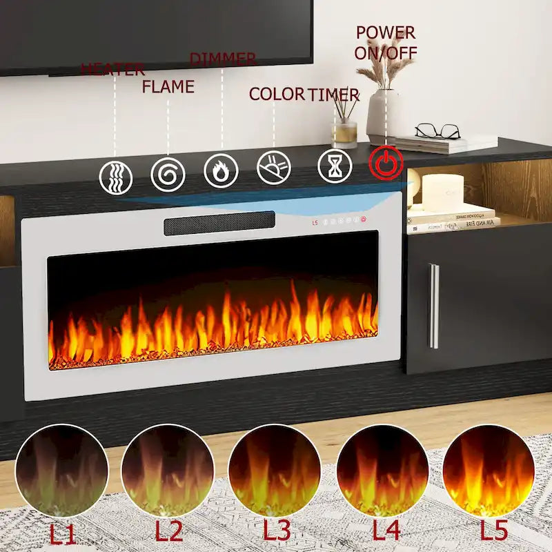 Soporte para TV de 70" con chimenea eléctrica de 36" y luces LED de 16 colores