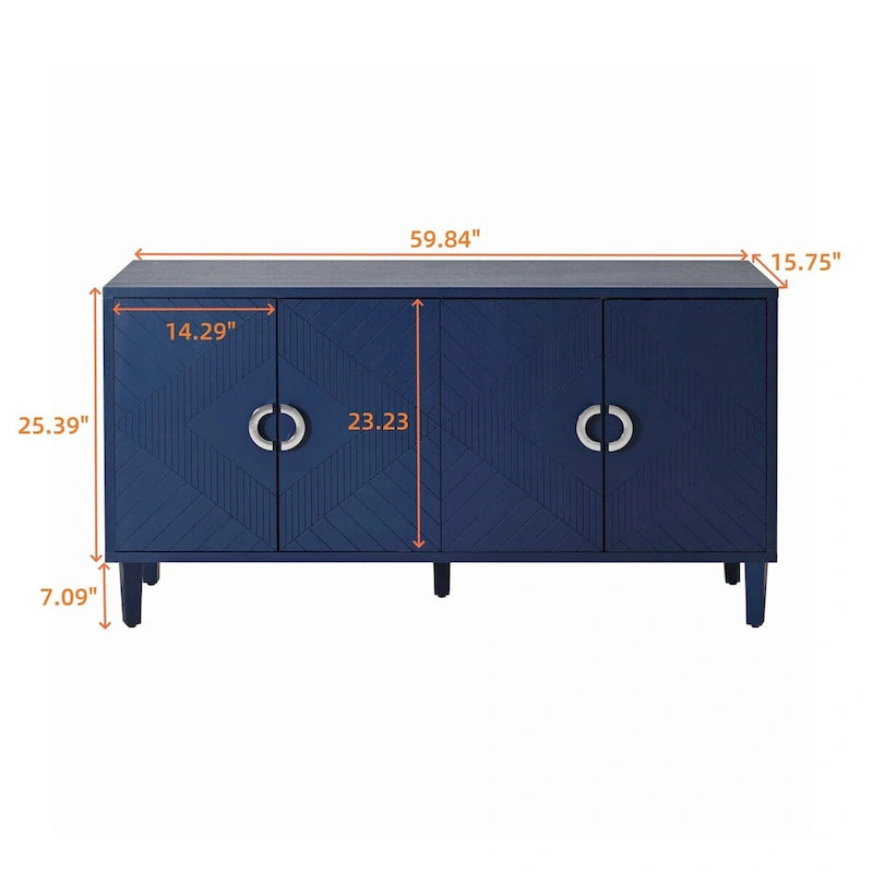 Aparador bufé de 4 puertas con patas de pino – Estante ajustable, superficie de 150 kg