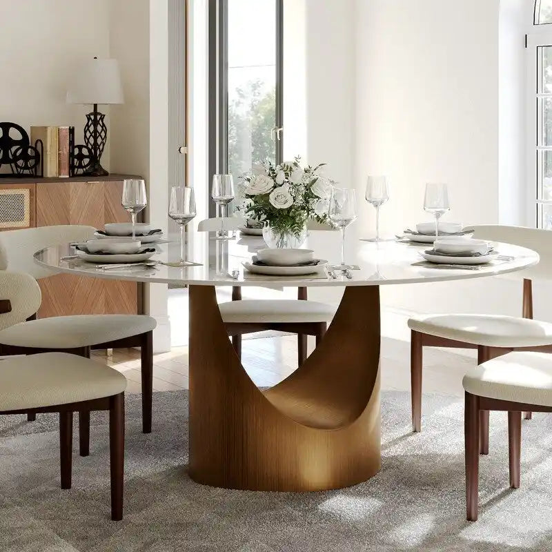 Mesa de comedor redonda moderna – Encimera de piedra sinterizada blanca y pedestal de carbono bronce