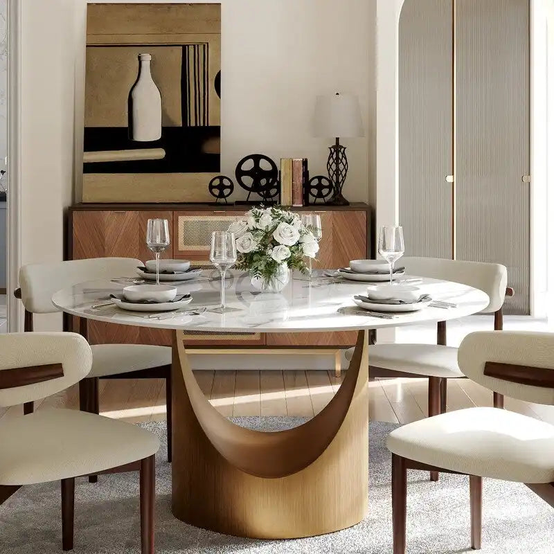 Mesa de comedor redonda moderna – Encimera de piedra sinterizada blanca y pedestal de carbono bronce