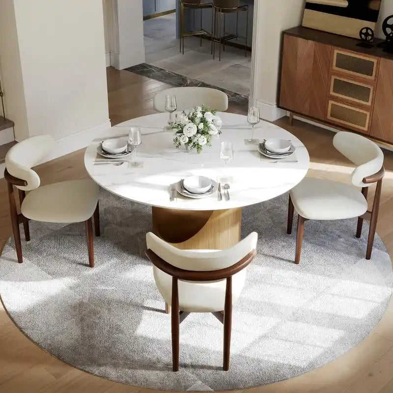 Mesa de comedor redonda moderna – Encimera de piedra sinterizada blanca y pedestal de carbono bronce