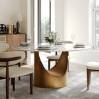 Mesa de comedor redonda moderna – Encimera de piedra sinterizada blanca y pedestal de carbono bronce