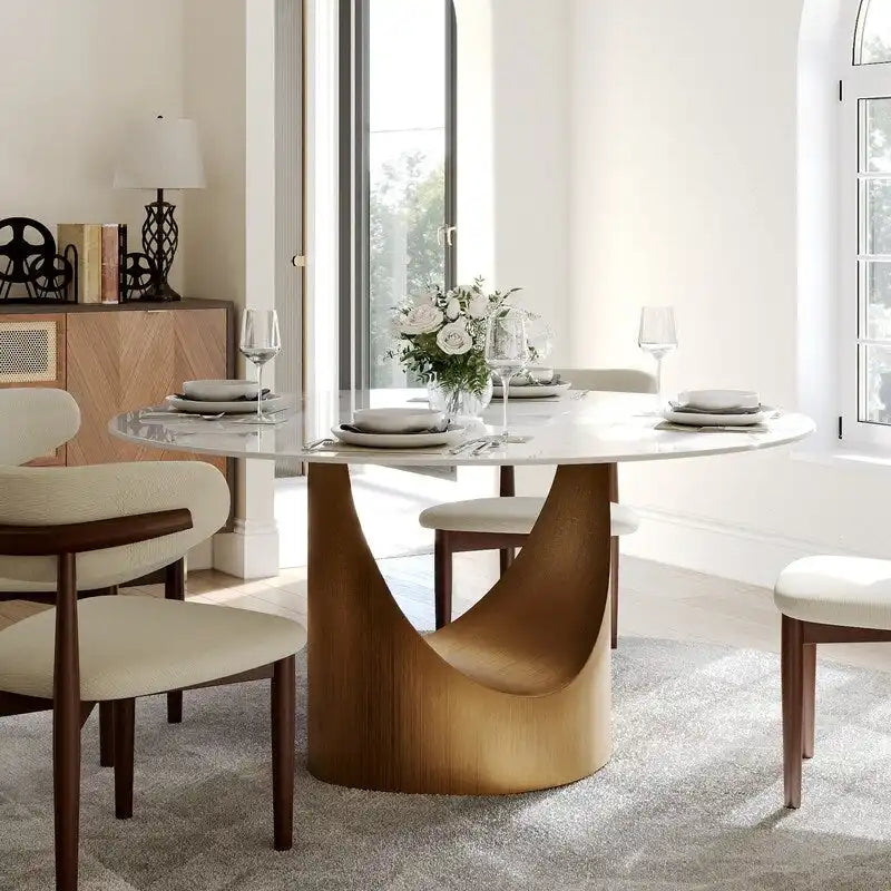 Mesa de comedor redonda moderna – Encimera de piedra sinterizada blanca y pedestal de carbono bronce