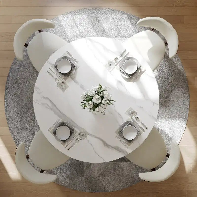 Mesa de comedor redonda moderna – Encimera de piedra sinterizada blanca y pedestal de carbono bronce