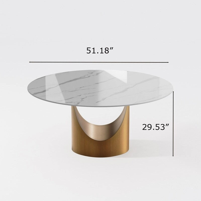 Mesa de comedor redonda moderna – Encimera de piedra sinterizada blanca y pedestal de carbono bronce