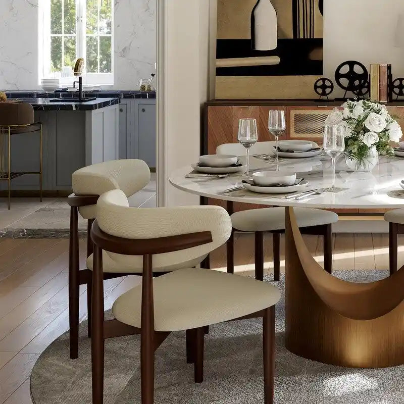 Mesa de comedor redonda moderna – Encimera de piedra sinterizada blanca y pedestal de carbono bronce