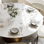Mesa de comedor redonda moderna – Encimera de piedra sinterizada blanca y pedestal de carbono bronce
