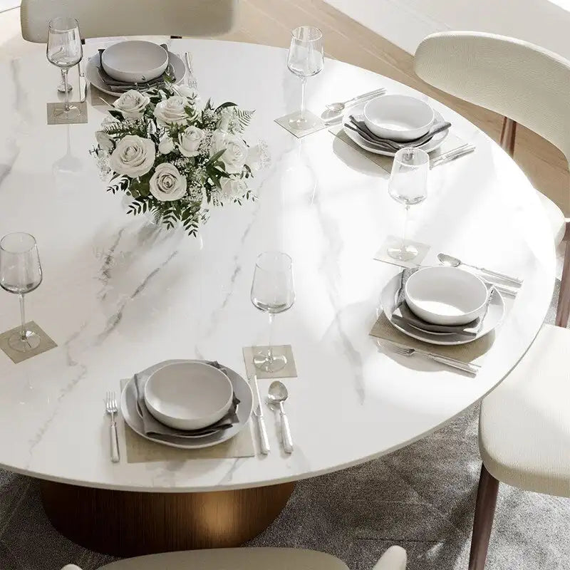 Mesa de comedor redonda moderna – Encimera de piedra sinterizada blanca y pedestal de carbono bronce
