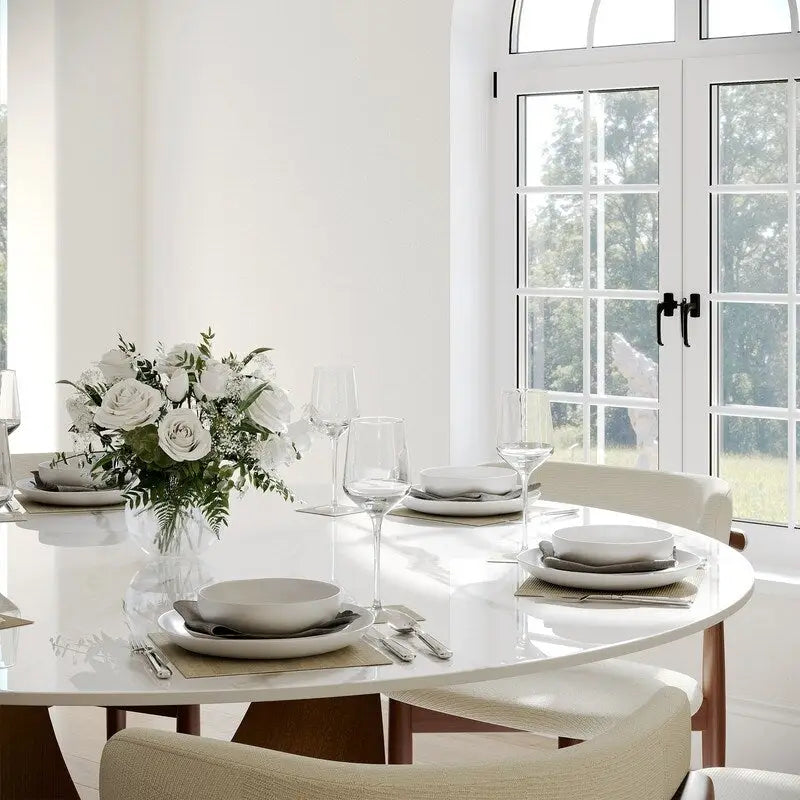 Mesa de comedor redonda moderna – Encimera de piedra sinterizada blanca y pedestal de carbono bronce