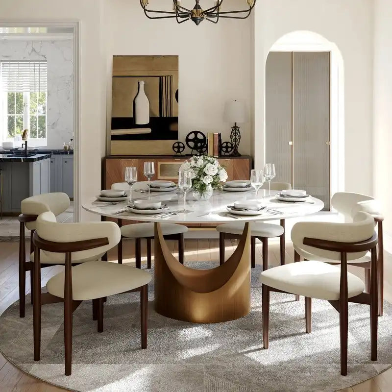 Mesa de comedor redonda moderna – Encimera de piedra sinterizada blanca y pedestal de carbono bronce