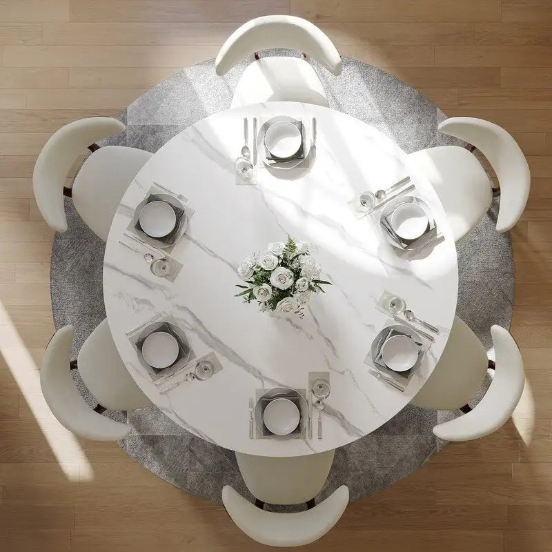 Mesa de comedor redonda moderna – Encimera de piedra sinterizada blanca y pedestal de carbono bronce