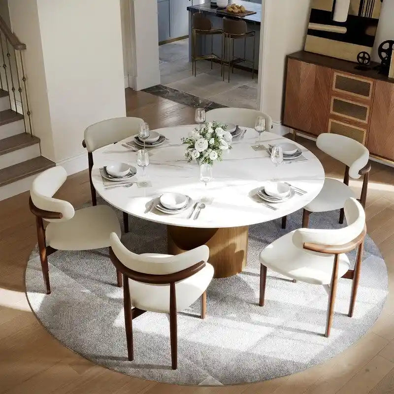 Mesa de comedor redonda moderna – Encimera de piedra sinterizada blanca y pedestal de carbono bronce