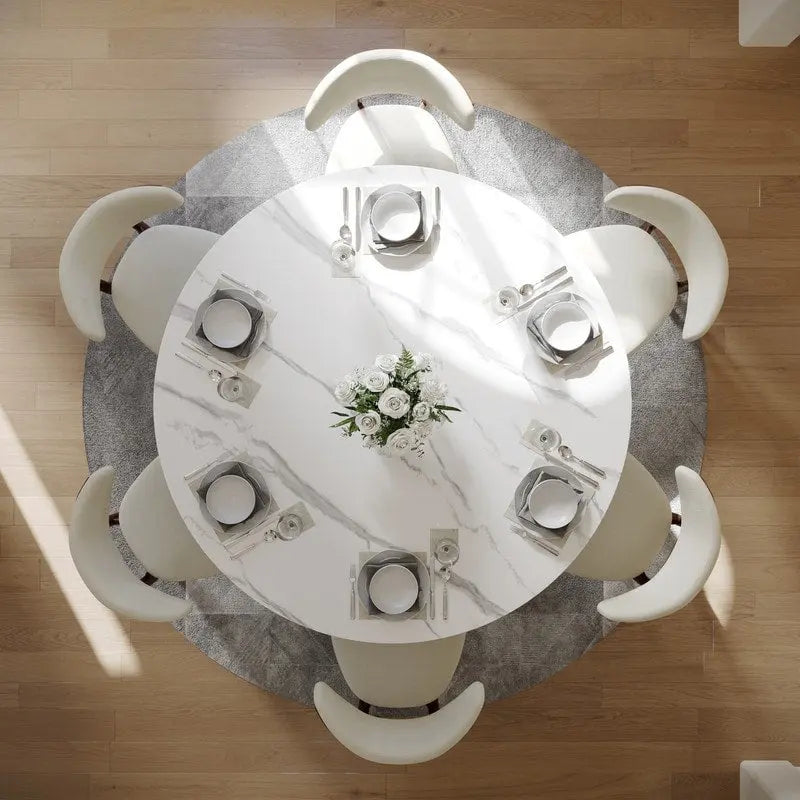 Mesa de comedor redonda moderna – Encimera de piedra sinterizada blanca y pedestal de carbono bronce