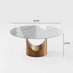 Mesa de comedor redonda moderna – Encimera de piedra sinterizada blanca y pedestal de carbono bronce