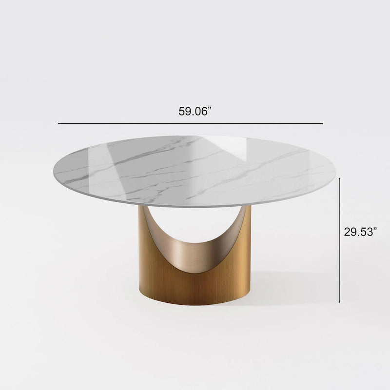 Mesa de comedor redonda moderna – Encimera de piedra sinterizada blanca y pedestal de carbono bronce