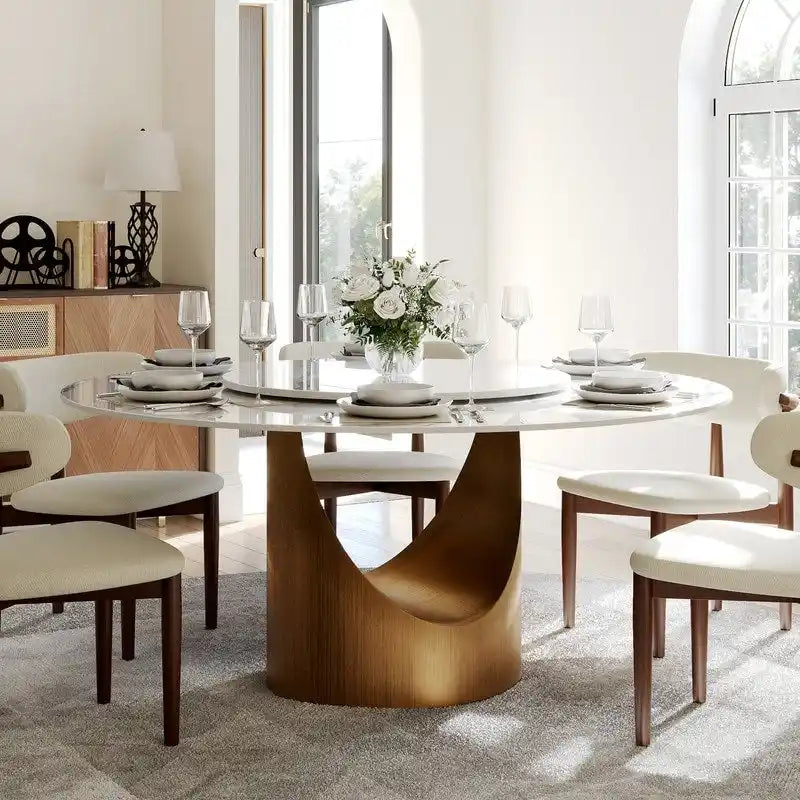 Mesa de comedor redonda moderna – Encimera de piedra sinterizada blanca y pedestal de carbono bronce