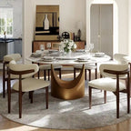 Mesa de comedor redonda moderna – Encimera de piedra sinterizada blanca y pedestal de carbono bronce