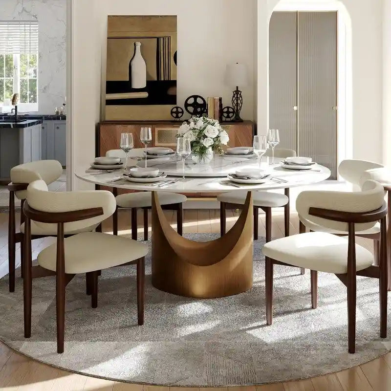 Mesa de comedor redonda moderna – Encimera de piedra sinterizada blanca y pedestal de carbono bronce